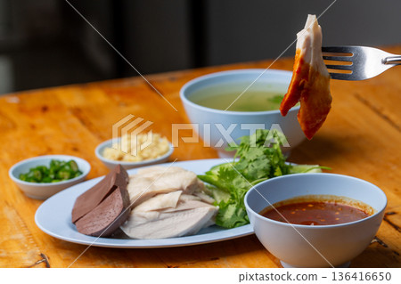 Thai Hainanese Chicken Rice with Crispy Chicken and Dipping Sauce Thai Hainanese Chicken Rice with Crispy Chicken and Dipping Sauce 136416650