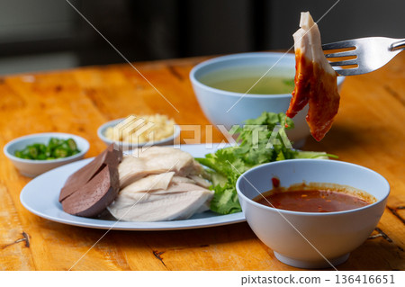 Thai Hainanese Chicken Rice with Crispy Chicken and Dipping Sauce 136416651
