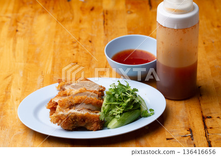 Thai Hainanese Chicken Rice with Crispy Chicken and Dipping Sauce 136416656