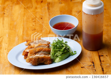 Thai Hainanese Chicken Rice with Crispy Chicken and Dipping Sauce Thai Hainanese Chicken Rice with Crispy Chicken and Dipping Sauce 136416657
