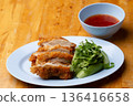 Thai Hainanese Chicken Rice with Crispy Chicken and Dipping Sauce 136416658