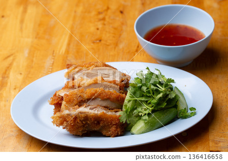 Thai Hainanese Chicken Rice with Crispy Chicken and Dipping Sauce Thai Hainanese Chicken Rice with Crispy Chicken and Dipping Sauce 136416658