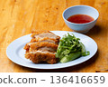 Thai Hainanese Chicken Rice with Crispy Chicken and Dipping Sauce 136416659