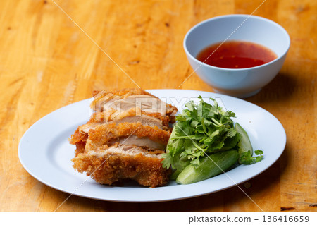 Thai Hainanese Chicken Rice with Crispy Chicken and Dipping Sauce 136416659