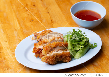 Thai Hainanese Chicken Rice with Crispy Chicken and Dipping Sauce Thai Hainanese Chicken Rice with Crispy Chicken and Dipping Sauce 136416660