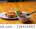 Thai Hainanese Chicken Rice with Crispy Chicken and Dipping Sauce 136416663
