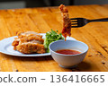 Thai Hainanese Chicken Rice with Crispy Chicken and Dipping Sauce 136416665