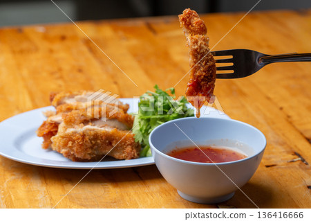 Thai Hainanese Chicken Rice with Crispy Chicken and Dipping Sauce 136416666