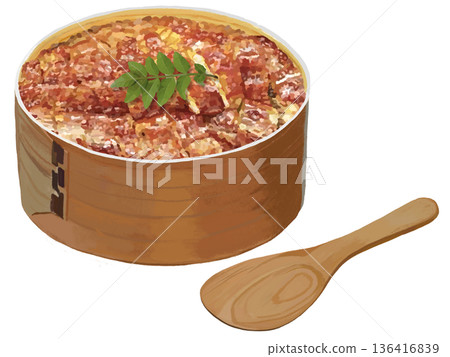Hitsumabushi (rice container) with Japanese pepper leaves and rice paddle Hitsumabushi (rice container) with Japanese pepper leaves and rice paddle 136416839