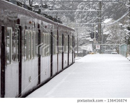 一列火車停靠在白雪皚皚的車站。 一列火車停靠在白雪皚皚的車站。 136416874