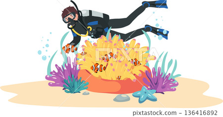 scuba diving underwater coral reef with clownfish and marine life illustration 136416892