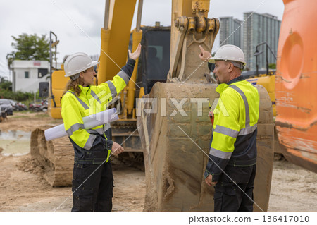 Engineer survey team checking construction project  inspection work construction site . 136417010