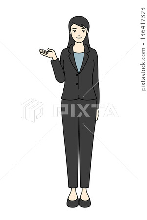 Full-body illustration of a woman in a suit posing for an introduction or guidance 136417323