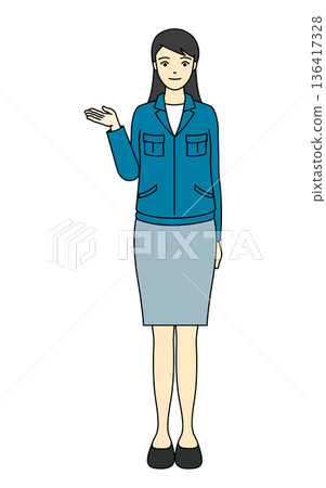 Full-body illustration of a woman in work clothes posing for guidance or introduction Full-body illustration of a woman in work clothes posing for guidance or introduction 136417328