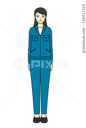 Full-body illustration of a female employee standing in blue work clothes Full-body illustration of a female employee standing in blue work clothes 136417329