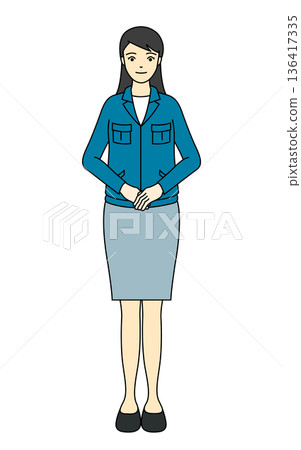 Full-body illustration of a woman in work clothes bowing politely Full-body illustration of a woman in work clothes bowing politely 136417335
