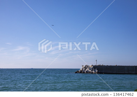 Seascape with embankment and tetrapods Seascape with embankment and tetrapods 136417462