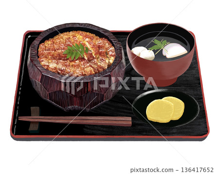 Hitsumabushi (red bowl) with soup and pickles Hitsumabushi (red bowl) with soup and pickles 136417652