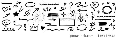 Marker line brush arrow, underline, highlight scribble set. Marker pen line brush hand drawn arrow stroke sketch element shape graphic vector. Doodle underline circle frame icons. Vector Marker line brush arrow, underline, highlight scribble set. Marker pen line brush hand drawn arrow stroke sketch element shape graphic vector. Doodle underline circle frame icons. Vector 136417658
