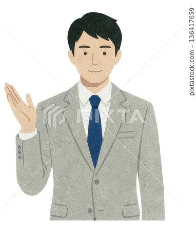 微笑的商人舉起手，日式剪紙風格插圖 136417659