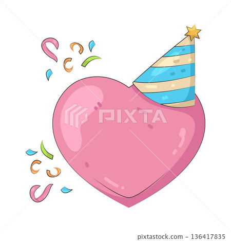 Illustration of heart wearing party hat 136417835