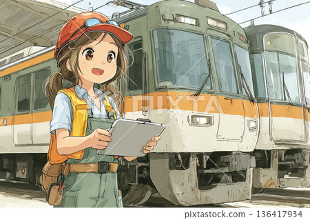 Illustration of a female railway staff member inspecting a commuter vehicle 136417934