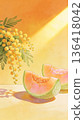 Golden Wattle and Honeydew Melon in Warm Light - Healing Still Life Illustration 136418042