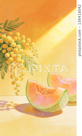 Golden Wattle and Honeydew Melon in Warm Light - Healing Still Life Illustration 136418042