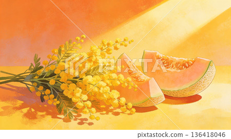 Golden Wattle and Honeydew Melon in Warm Light - Healing Still Life Illustration 136418046