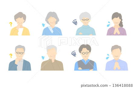 Simple illustration of the upper body of a worried senior man and woman. Vector material set Simple illustration of the upper body of a worried senior man and woman. Vector material set 136418088
