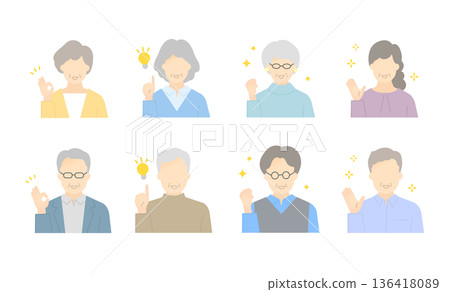 微笑老年男女上半身簡單插圖向量素材集 136418089