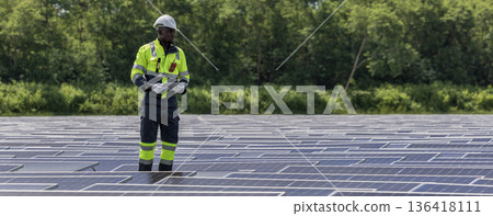 Engineer Checking and working setup Floating solar panels or solar cell Platform system on the lake. Engineer Checking and working setup Floating solar panels or solar cell Platform system on the lake. 136418111