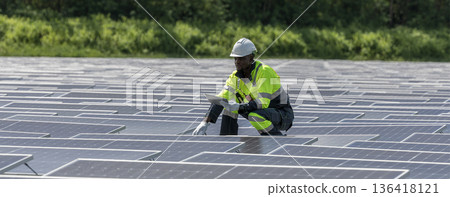 Engineer Checking and working setup Floating solar panels or solar cell Platform system on the lake. Engineer Checking and working setup Floating solar panels or solar cell Platform system on the lake. 136418121