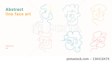 Abstract line face art set with continuous one line drawing portraits. Modern minimalist vector illustration collection for contemporary art, design and creative projects with faces. Abstract line face art set with continuous one line drawing portraits. Modern minimalist vector illustration collection for contemporary art, design and creative projects with faces. 136418474