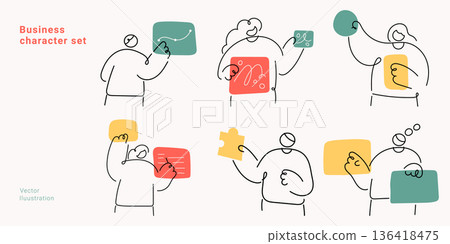 Business character set with people working, communicating and problem solving. Continuous one line drawing vector collection for teamwork, collaboration and office concepts minimalist. 136418475