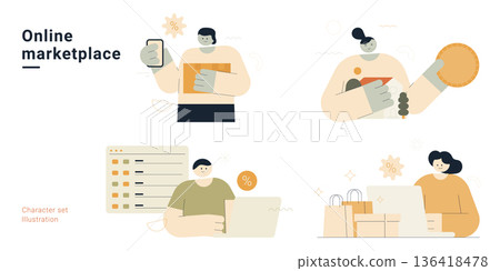 Online marketplace character set with people shopping, browsing products, making payments and receiving deliveries. Flat design vector collection for e-commerce and online shopping. Online marketplace character set with people shopping, browsing products, making payments and receiving deliveries. Flat design vector collection for e-commerce and online shopping. 136418478