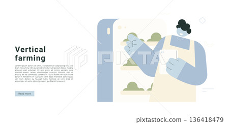 Vertical farming banner with woman farmer tending indoor plants. Flat design illustration for sustainable agriculture, urban farming, hydroponics and food technology innovation. Vertical farming banner with woman farmer tending indoor plants. Flat design illustration for sustainable agriculture, urban farming, hydroponics and food technology innovation. 136418479