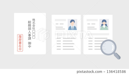 求職履歷及文件篩選圖片。信封和放大鏡的向量圖（招聘、人力資源、求職） 136418586