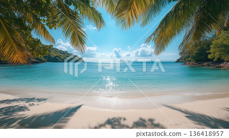 Sea landscape. Tropical beach. A white beach with palm trees in the Maldives 136418957