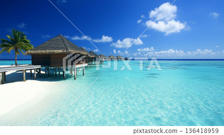 Tropical beach. Summer vacation on a tropical island with beautiful beach. Tropical Maldives. 136418959