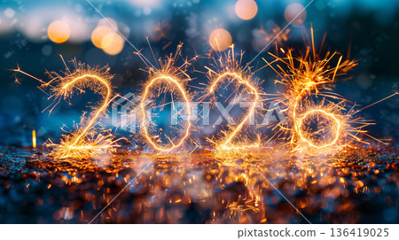 2026 Happy New Year Greeting Card. Year 2026 in sparkler font and firework 136419025