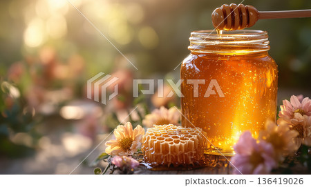 A jar of honey with flowers against a natural background 136419026