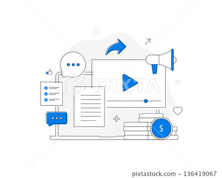 Content marketing strategy - video production, social engagement, blog posts monetization. Keyword research, target audience, content marketing digital promotion technology 2026 trends illustration 136419067