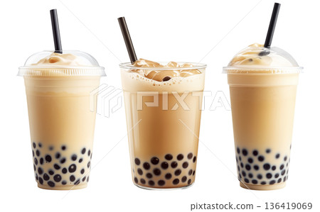 Creamy bubble milk tea with tapioca pearls in glass cup, isolated on white transparent background 136419069