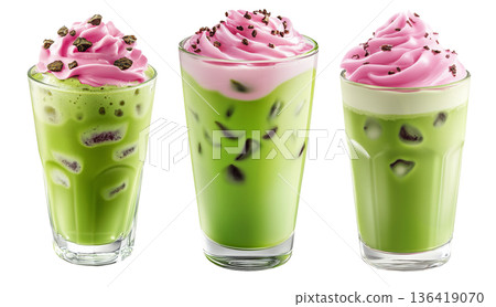 Iced matcha drink topped with pink whipped cream and chocolate bits, isolated on white transparent background Iced matcha drink topped with pink whipped cream and chocolate bits, isolated on white transparent background 136419070
