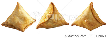 Golden brown crispy samosas isolated on white transparent background, traditional Indian snack concept 136419071