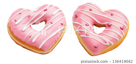 Heart-shaped donut topped with pink icing, white drizzle and small hearts on white transparent background Heart-shaped donut topped with pink icing, white drizzle and small hearts on white transparent background 136419082