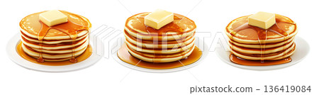Delicious stack of golden pancakes with melting butter and maple syrup, isolated on white transparent background Delicious stack of golden pancakes with melting butter and maple syrup, isolated on white transparent background 136419084