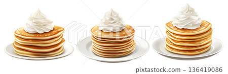 Fluffy pancake stack topped with whipped cream, isolated on white transparent background. Concept of tasty breakfast Fluffy pancake stack topped with whipped cream, isolated on white transparent background. Concept of tasty breakfast 136419086