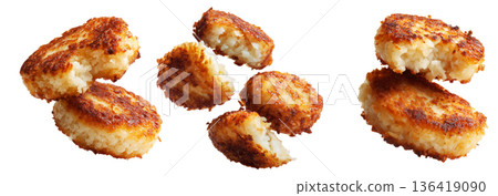Set of Crispy golden fried sago  cakes isolated on white transparent background, concept of Papua New Guinea breakfast food 136419090